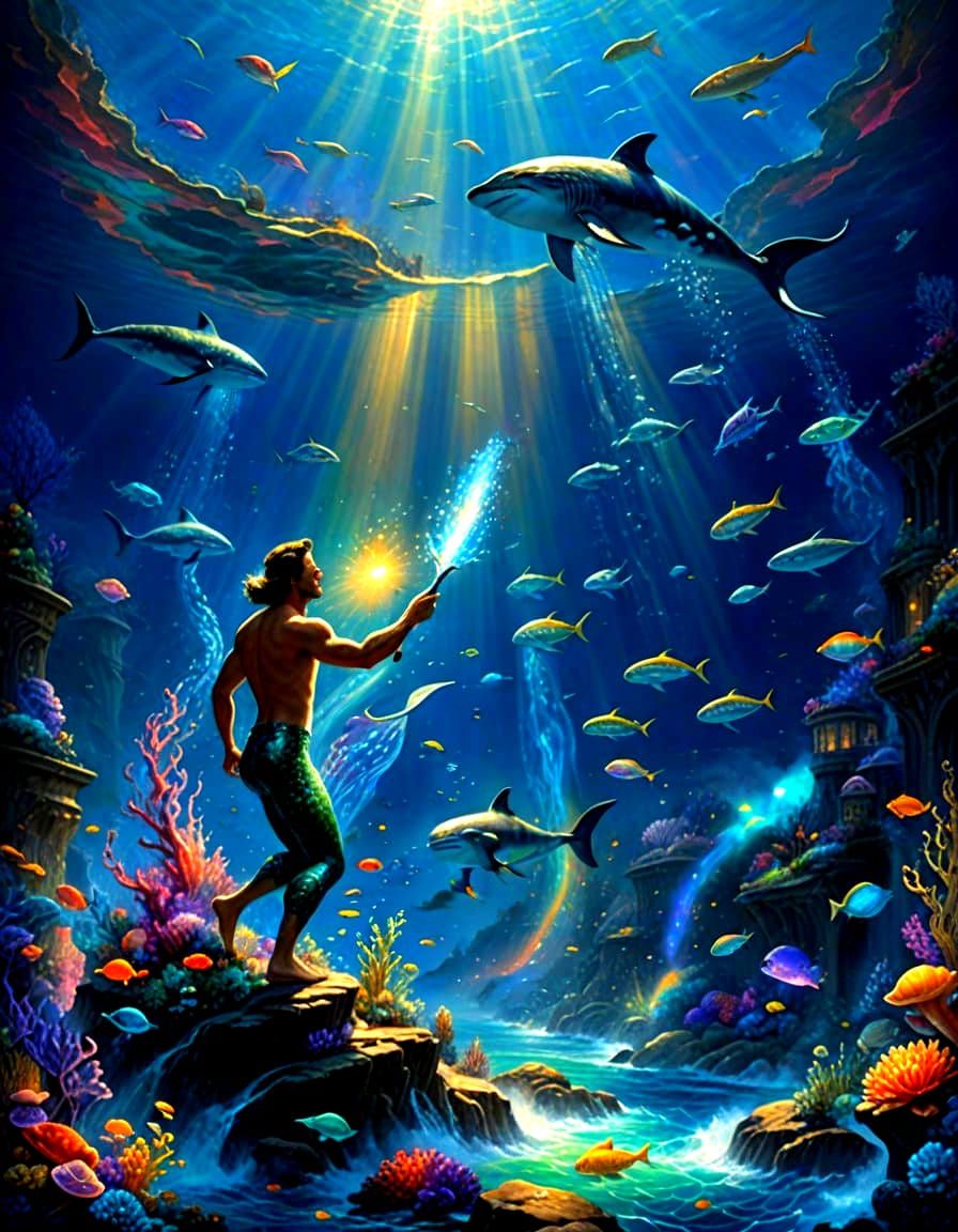 Divine Oceanic Masterpiece: Whimsical Marine Life in a Blend...