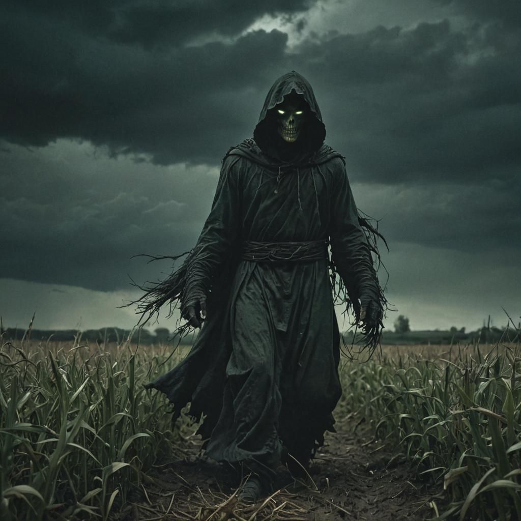 Menacing Wraith Blights Field in Dark Fantasy Art