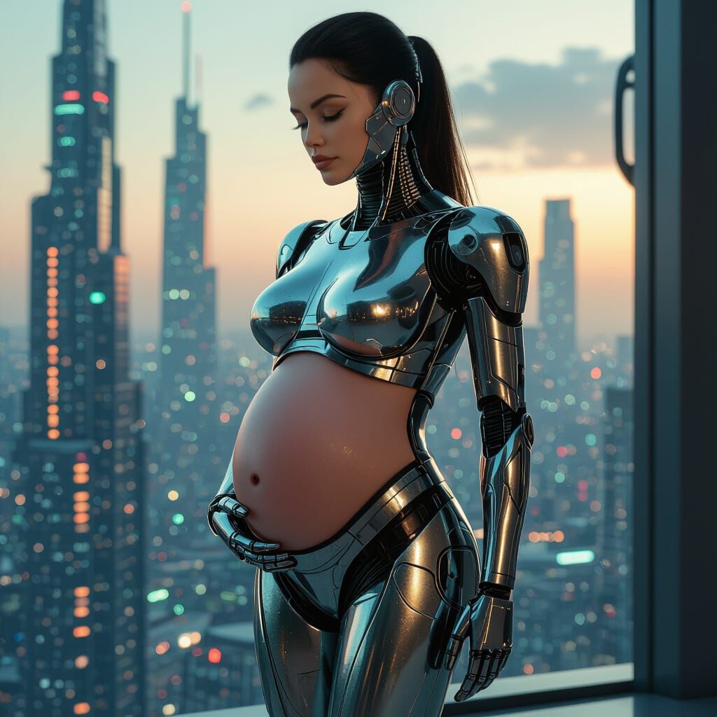Pregnant Robot in Metallic Gown in Cyberpunk Style