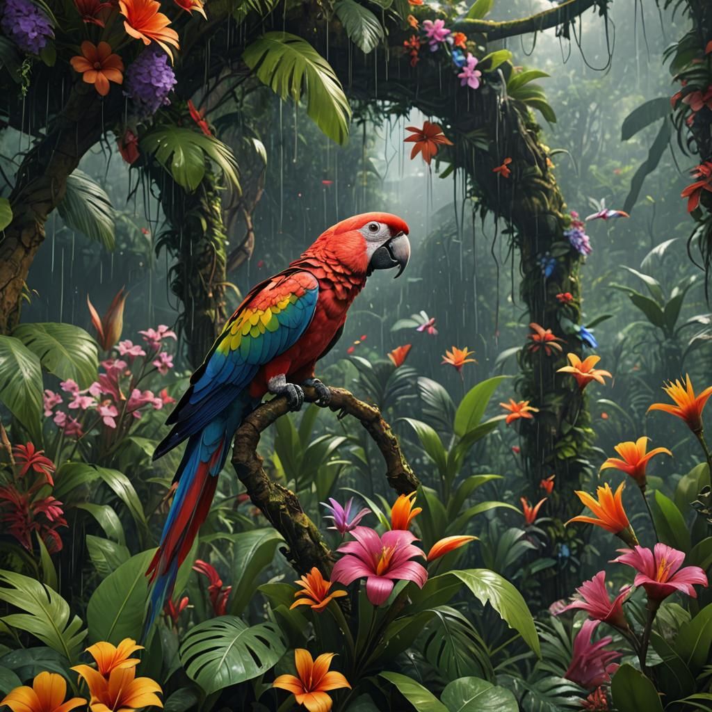 Colorful 3D Parrot in Rainforest Fantasy Art
