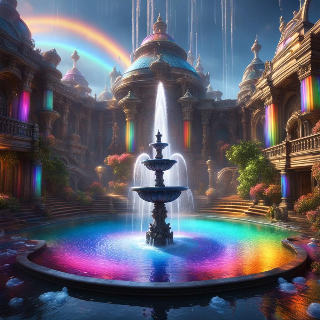 Hypermaximalist AI Mindscape with Rainbow Fountain
