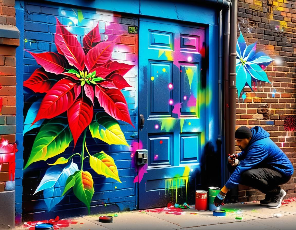 Vibrant Urban Mural of a Poinsettia in Magical Ambiance