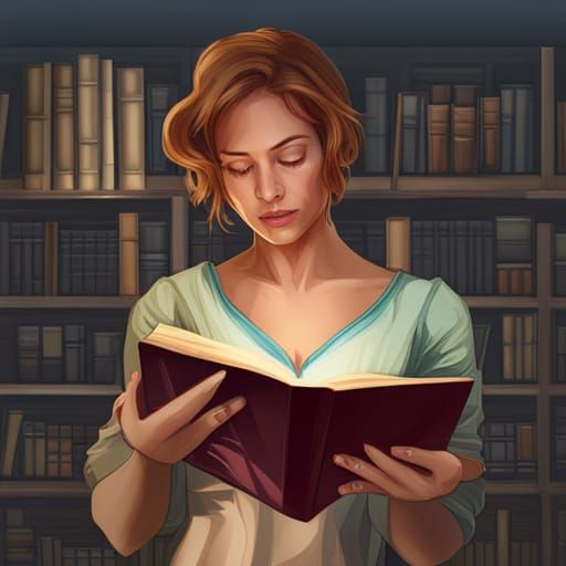 Woman Reading in Library: Detailed Digital Portrait