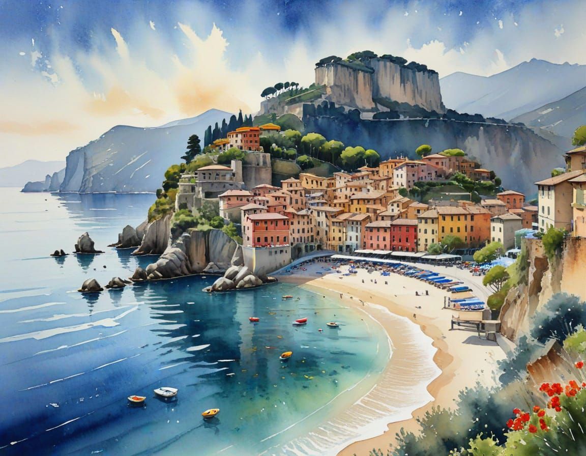 Italian Seaside Watercolor in Vibrant Colors