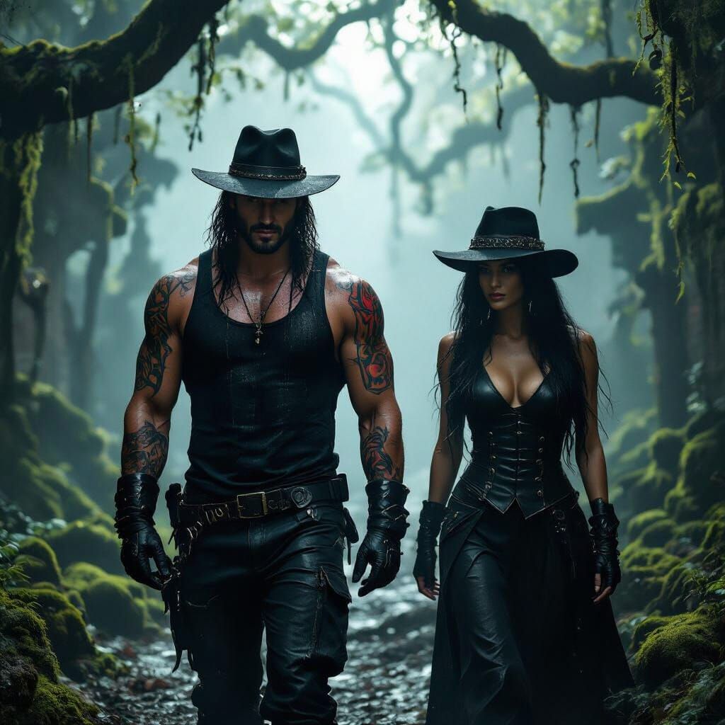 Rugged Man and Woman in Foggy Ancient City