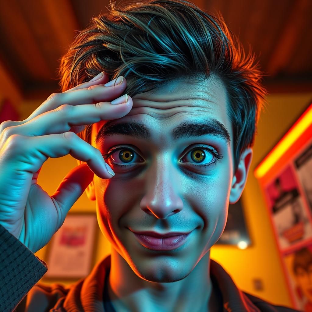 Humorous Caricature of a Man with Wide-Angle Lens