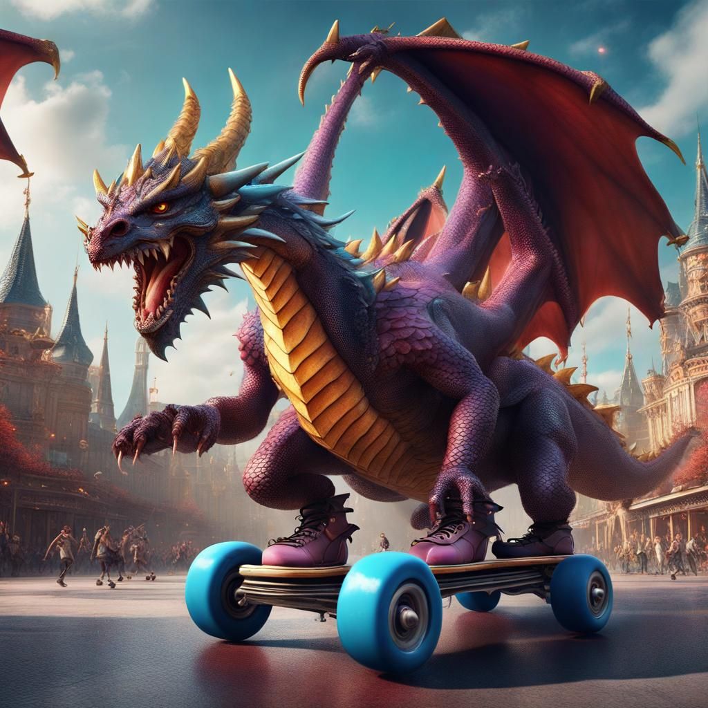 Dragons Roller Skating with Crowns: Fantasy Concept Art