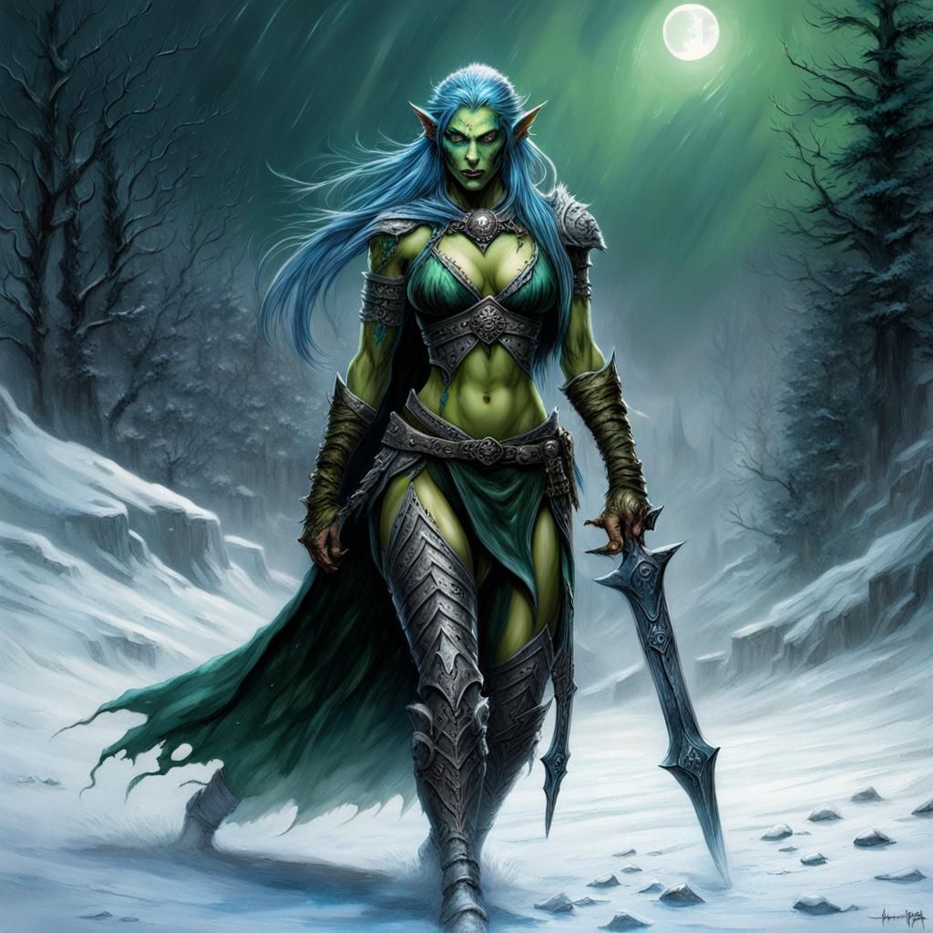 Elf Sorceress and Orc Warrior in Fantasy Art Style
