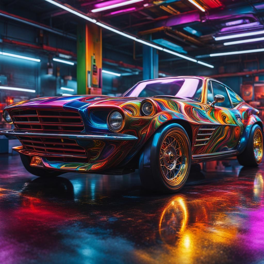 Car Body Shop in Triadic Colors: Hyperdetailed Splash Art