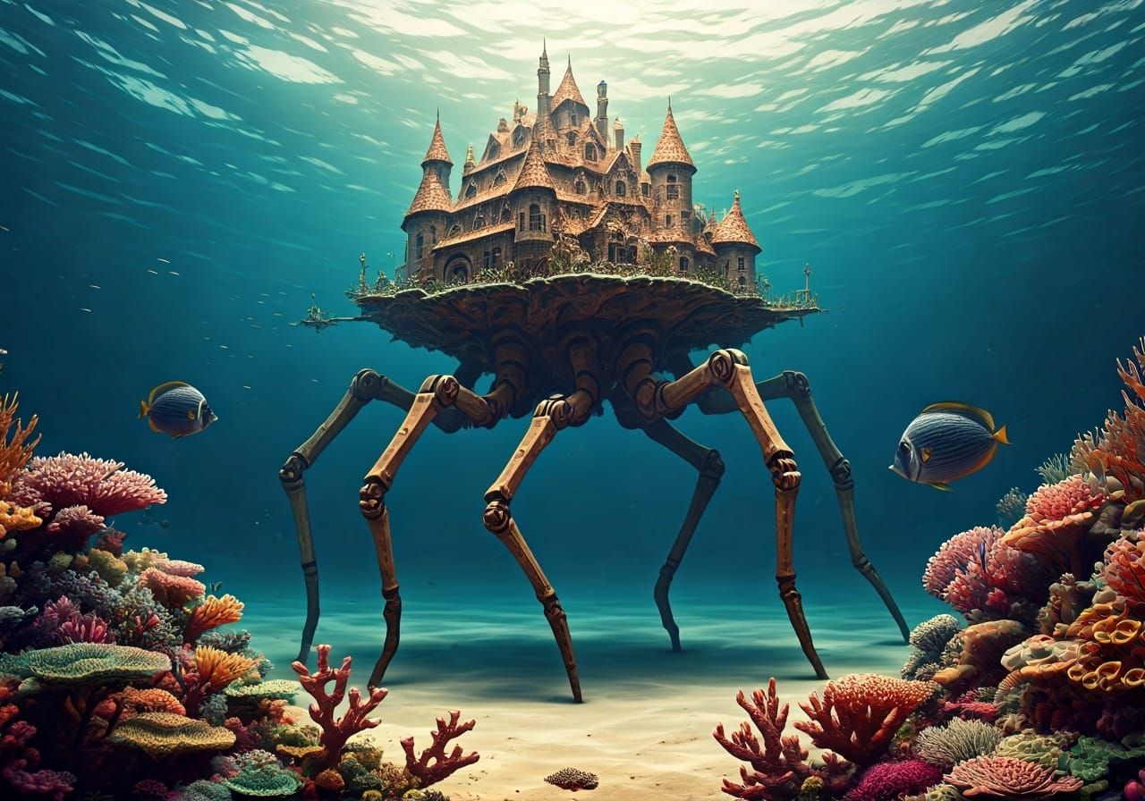 Medieval Coral Castle Houses Underwater in Biomechanical Sty...