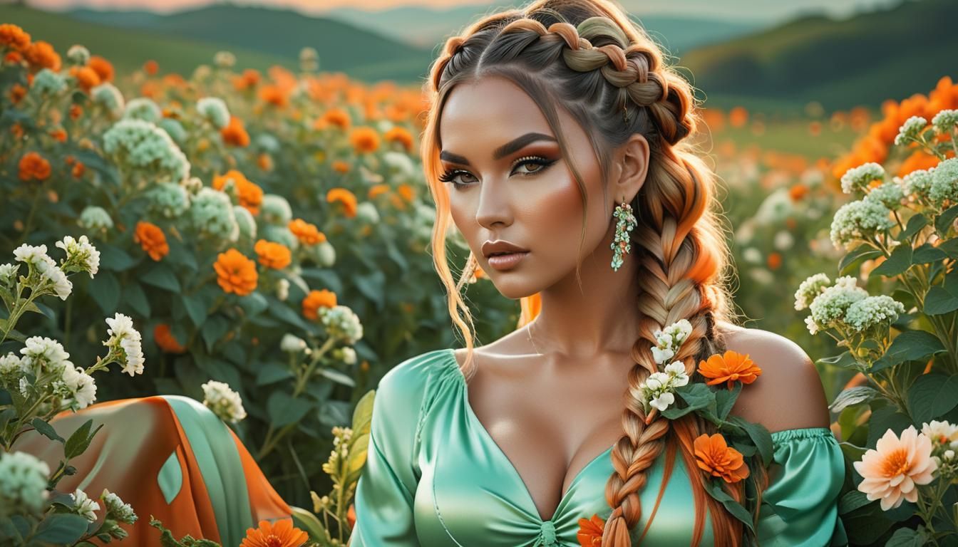 Voluptuous Model in Orange Flower Field, Digital Art