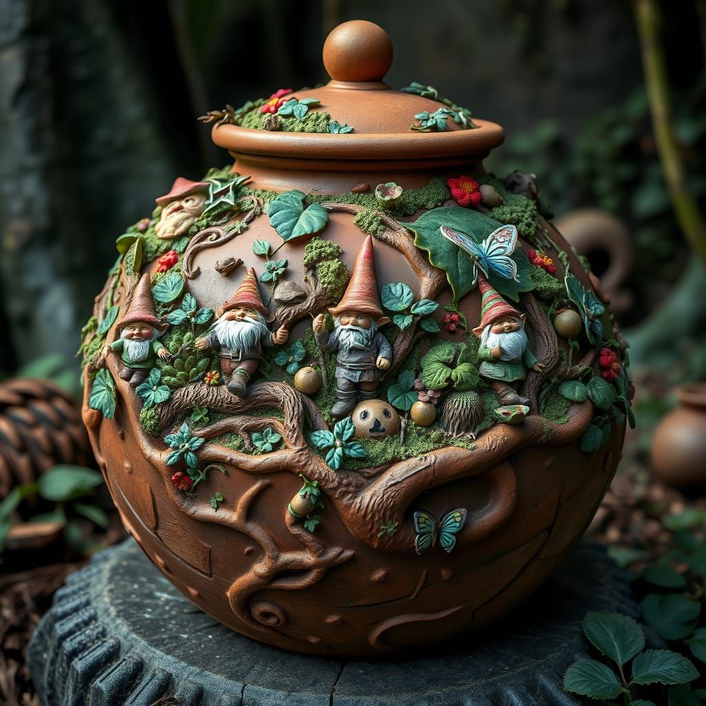 Ancient Forest Clay Pot with Whimsical Creatures