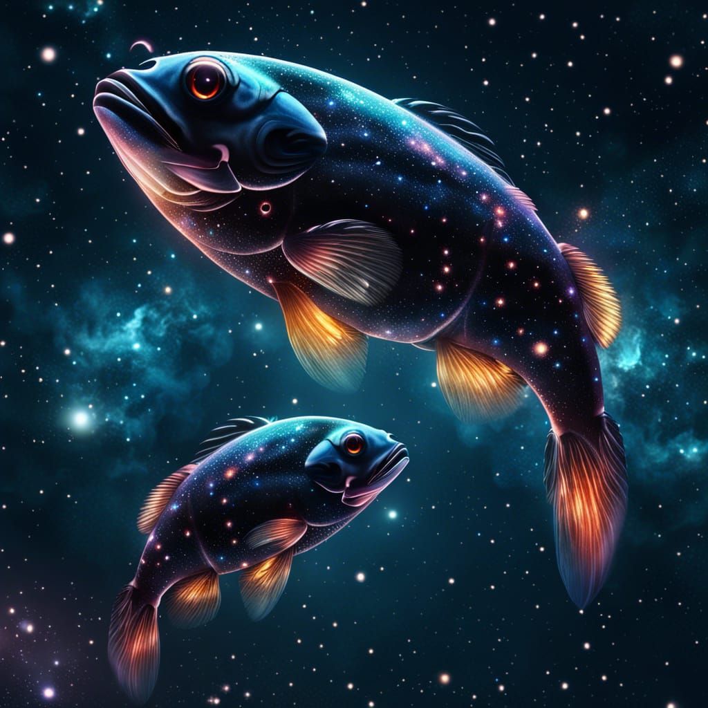 Twin Fish Soaring Through a Starry Galaxy