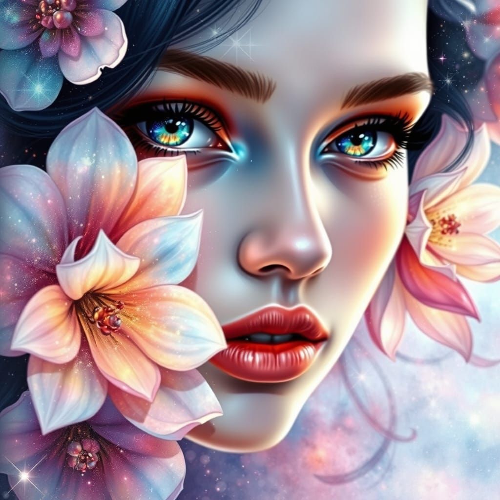 Ethereal Woman Adorned with Cosmic Flowers