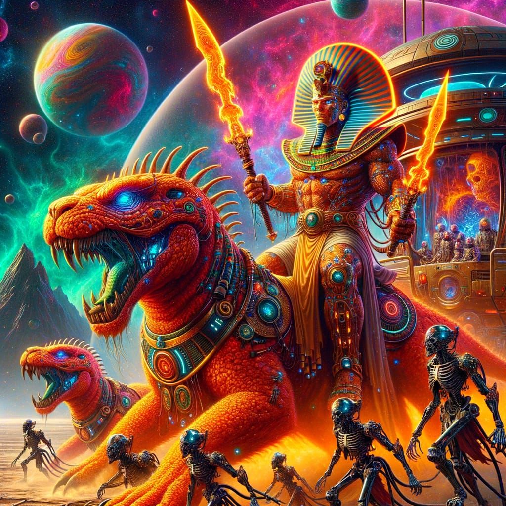 Futuristic Pharaoh Rides Giant Lion in Cosmic War