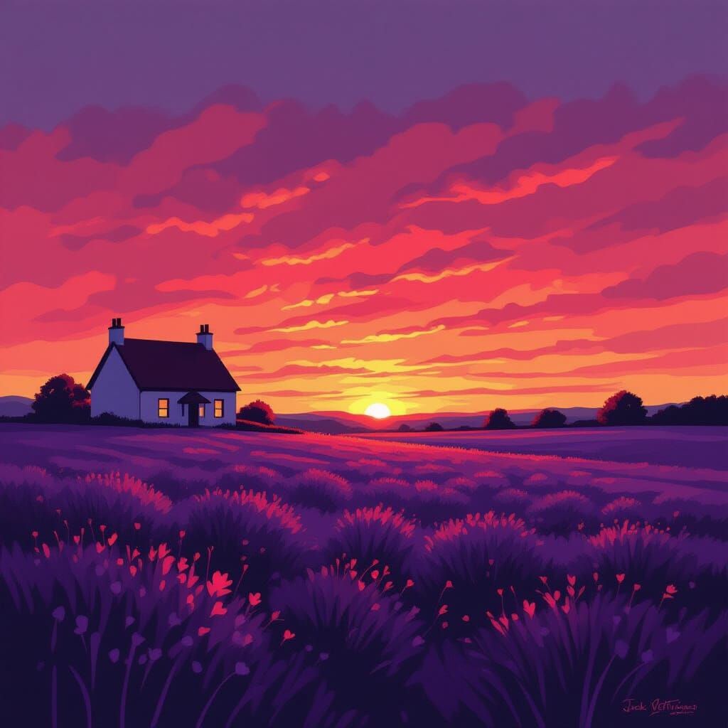 Purple Meadow with Red Sky in Vettriano Style