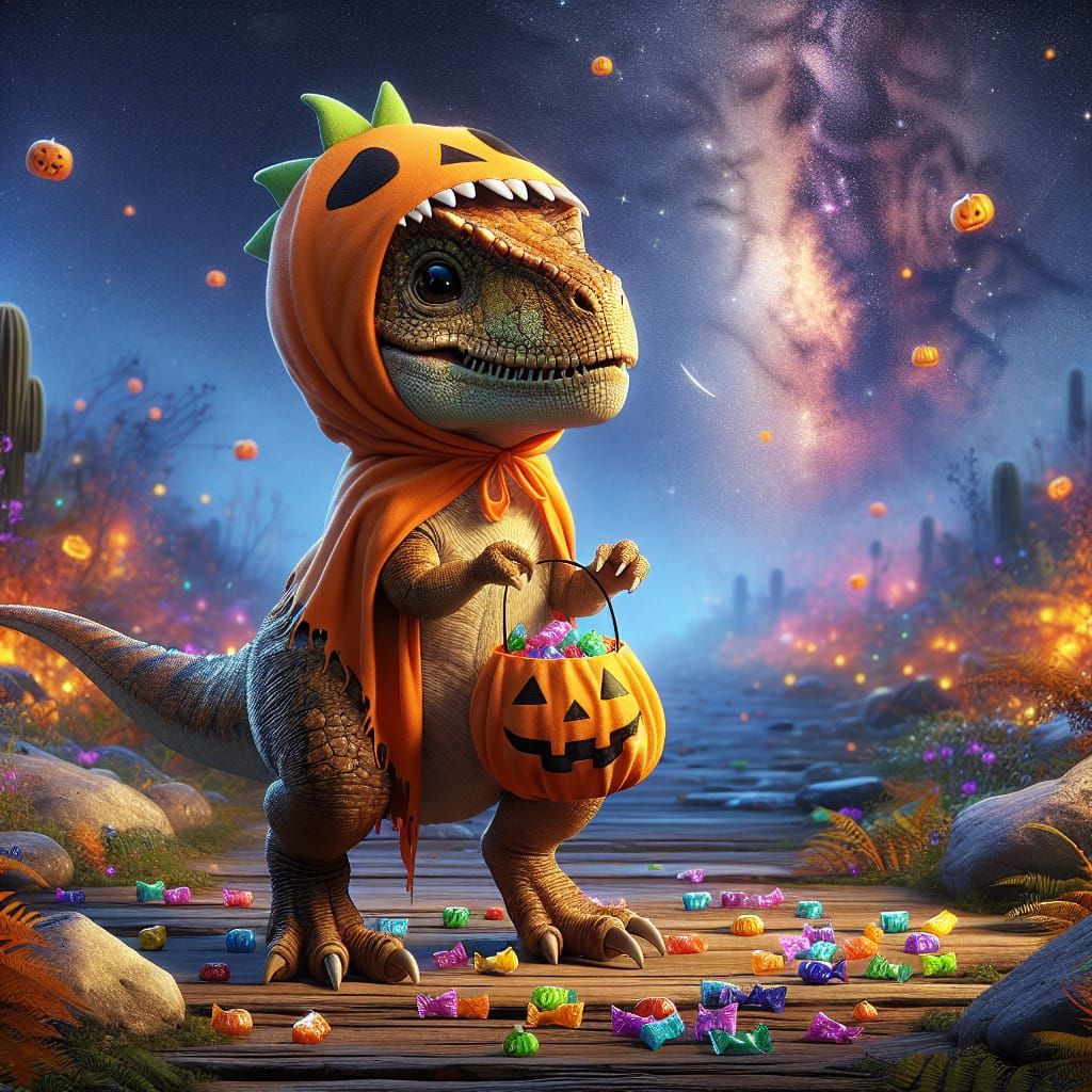 Adorable T-Rex Trick-or-Treating in Costume