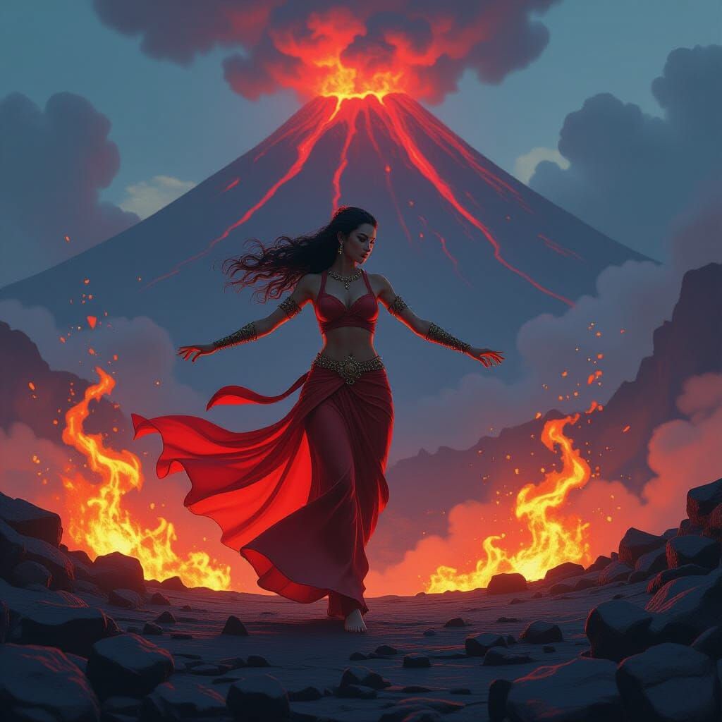 Female Fire Elemental Dancing in Lava Flows
