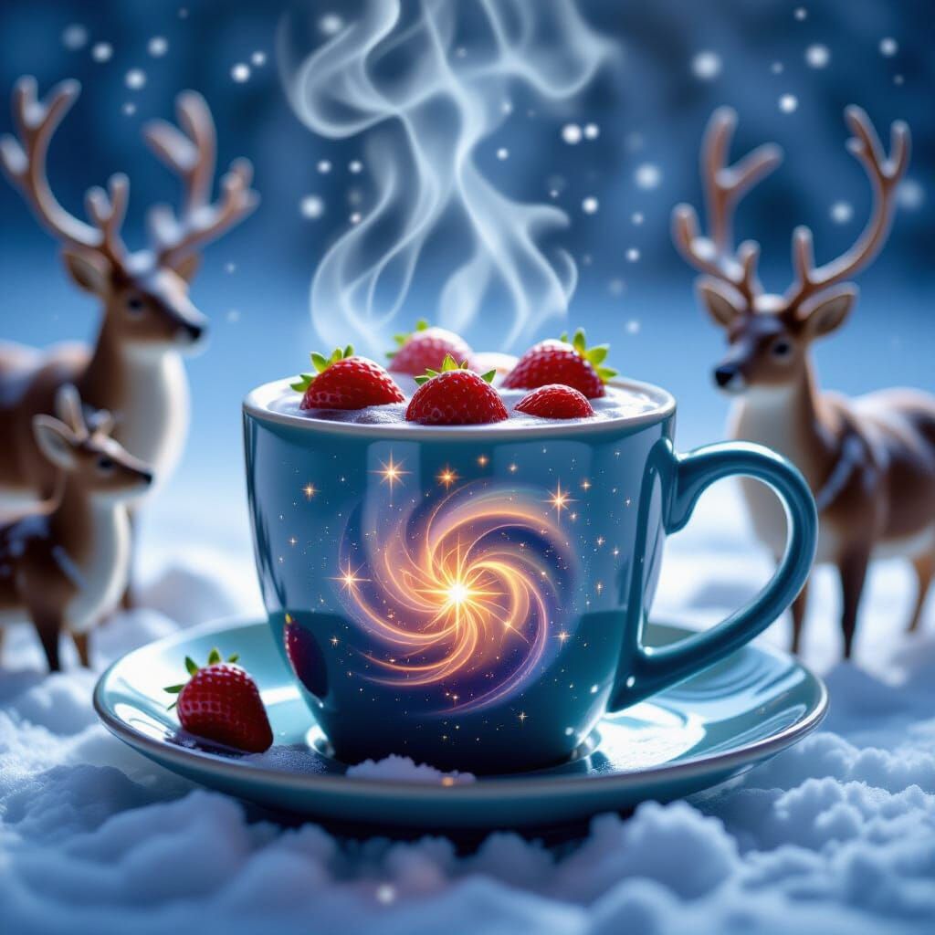 Hyperrealistic Coffee with Star Strawberries and Reindeer
