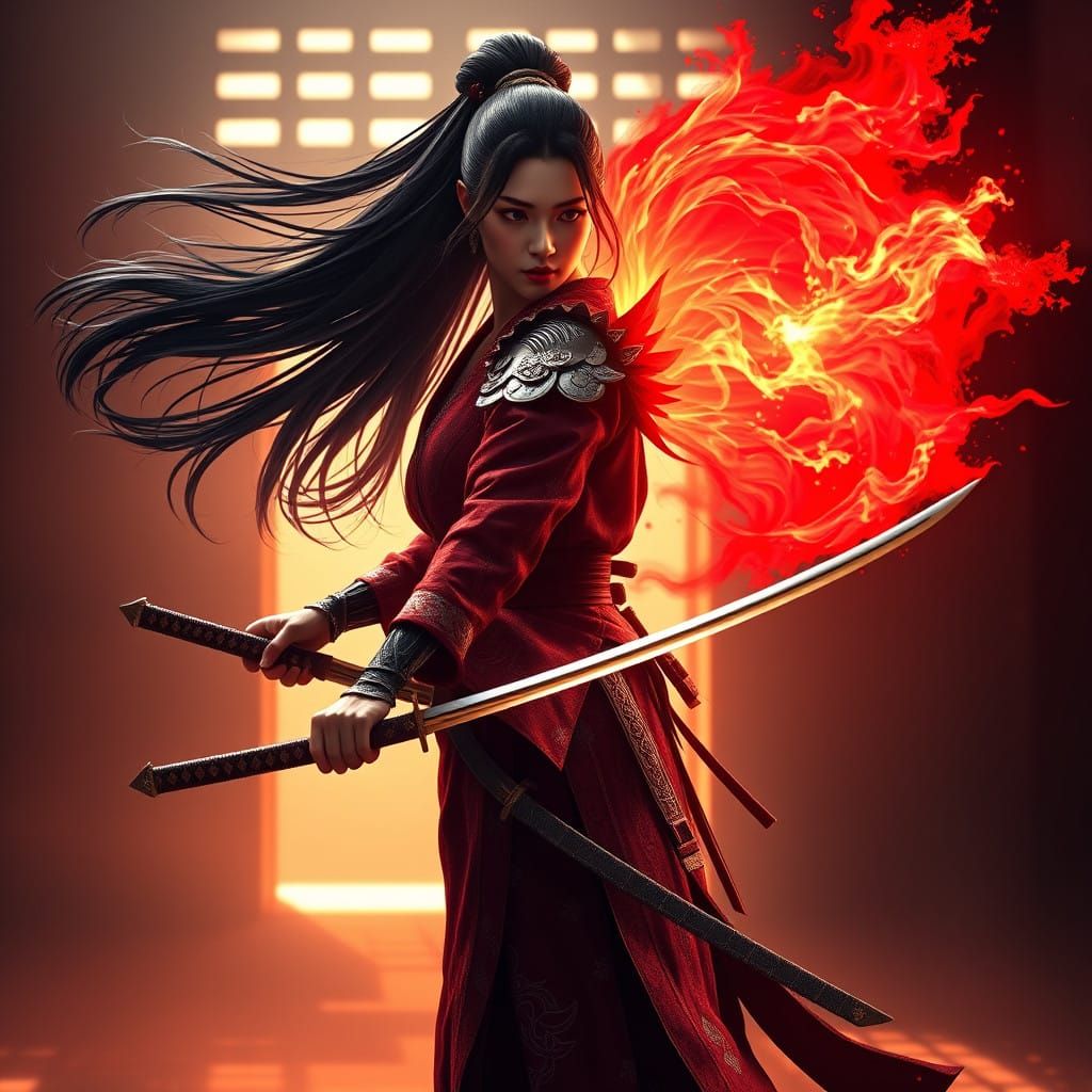 samurai woman wearing a kimono with shoulder armor, she's holding a katana glowing with red energy, her long hair is flo...