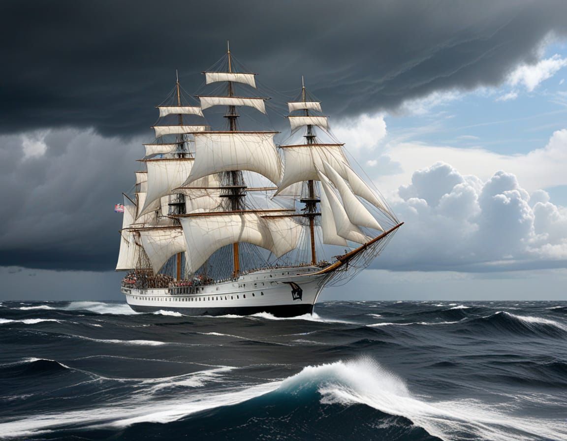 An eye-level view of a large, white four-masted sailing ship...