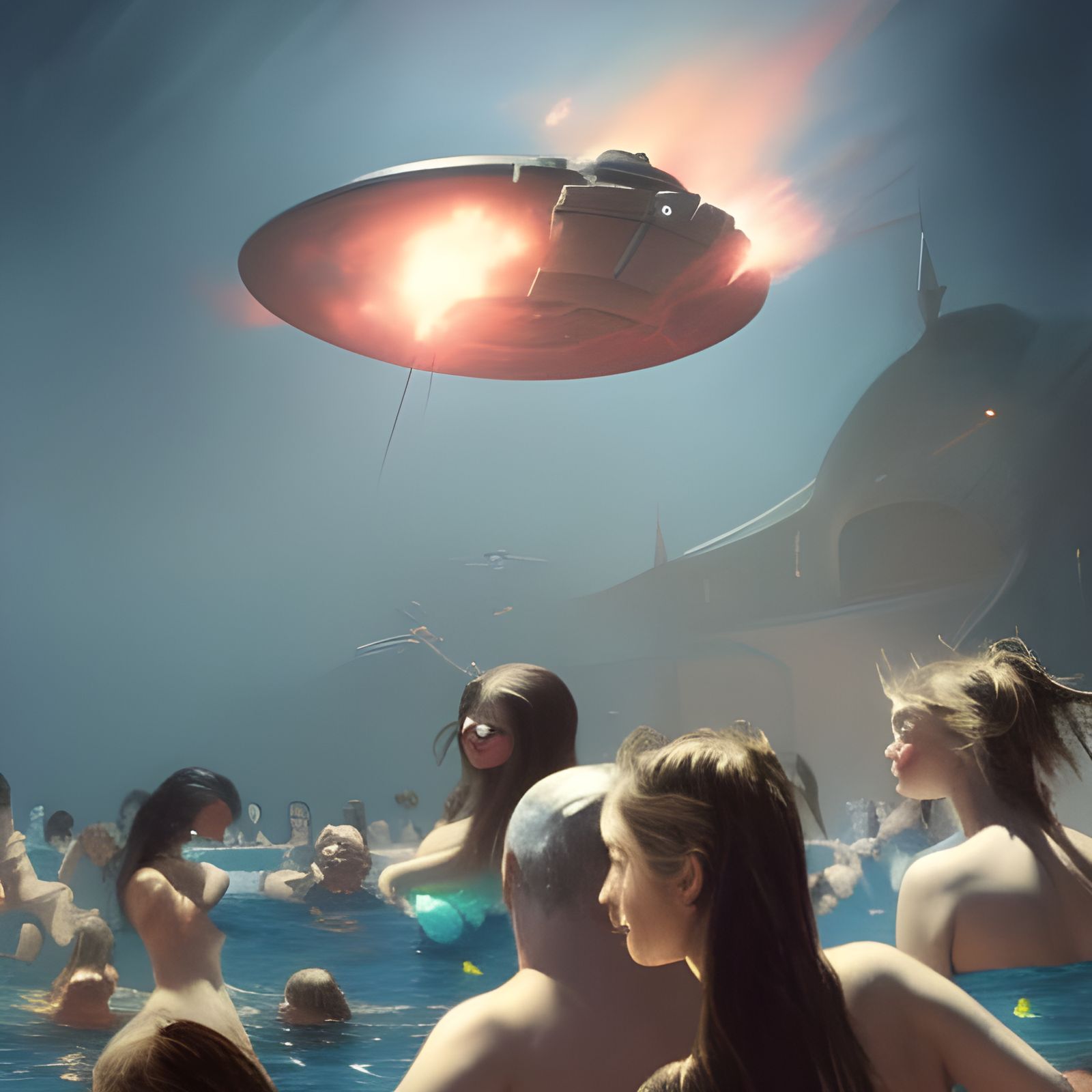 Saucer Menace Over Pool Party in Dark Fantasy Style
