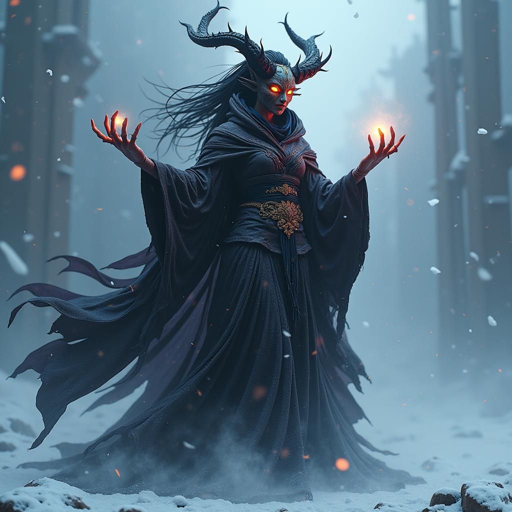 Demon Woman Conjures a Snowstorm: Matte Painting