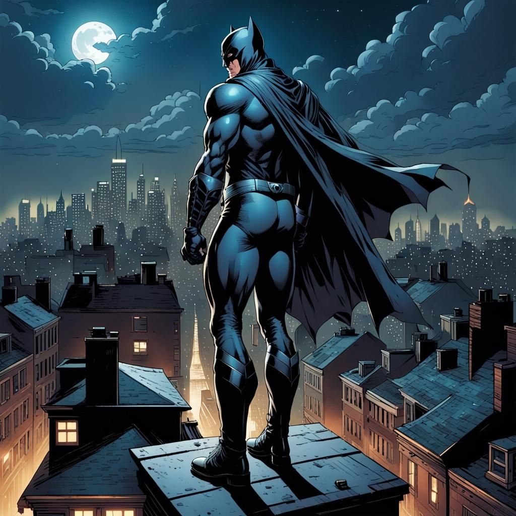 Dark Superhero Vigilante Overlooking City at Night