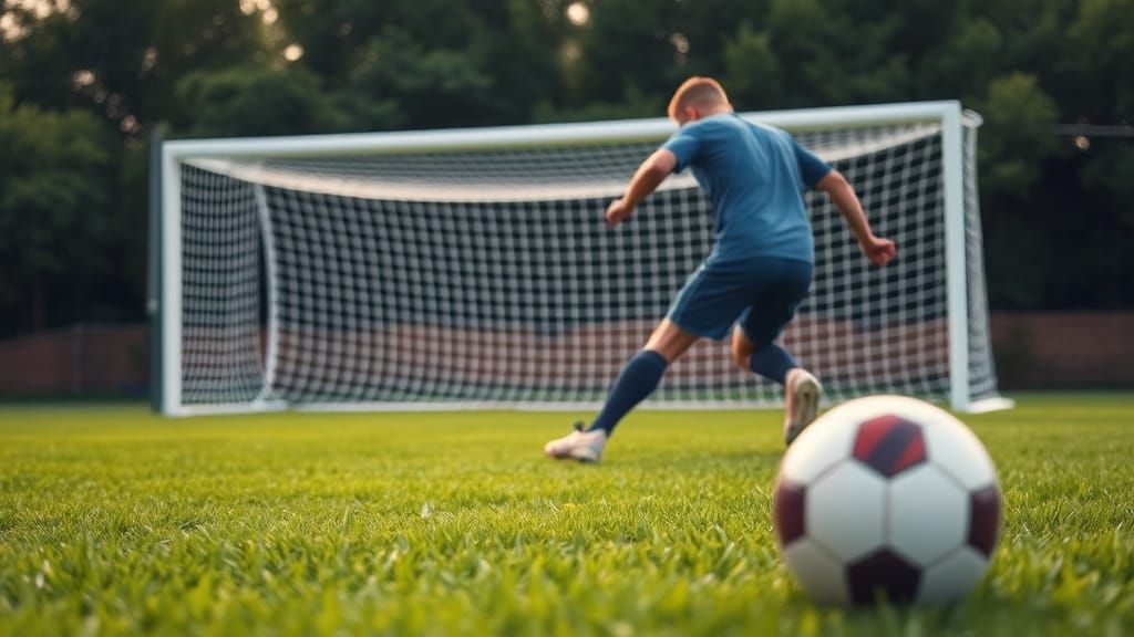 Football Player Scores Goal on Green Field: Sports Photograp...