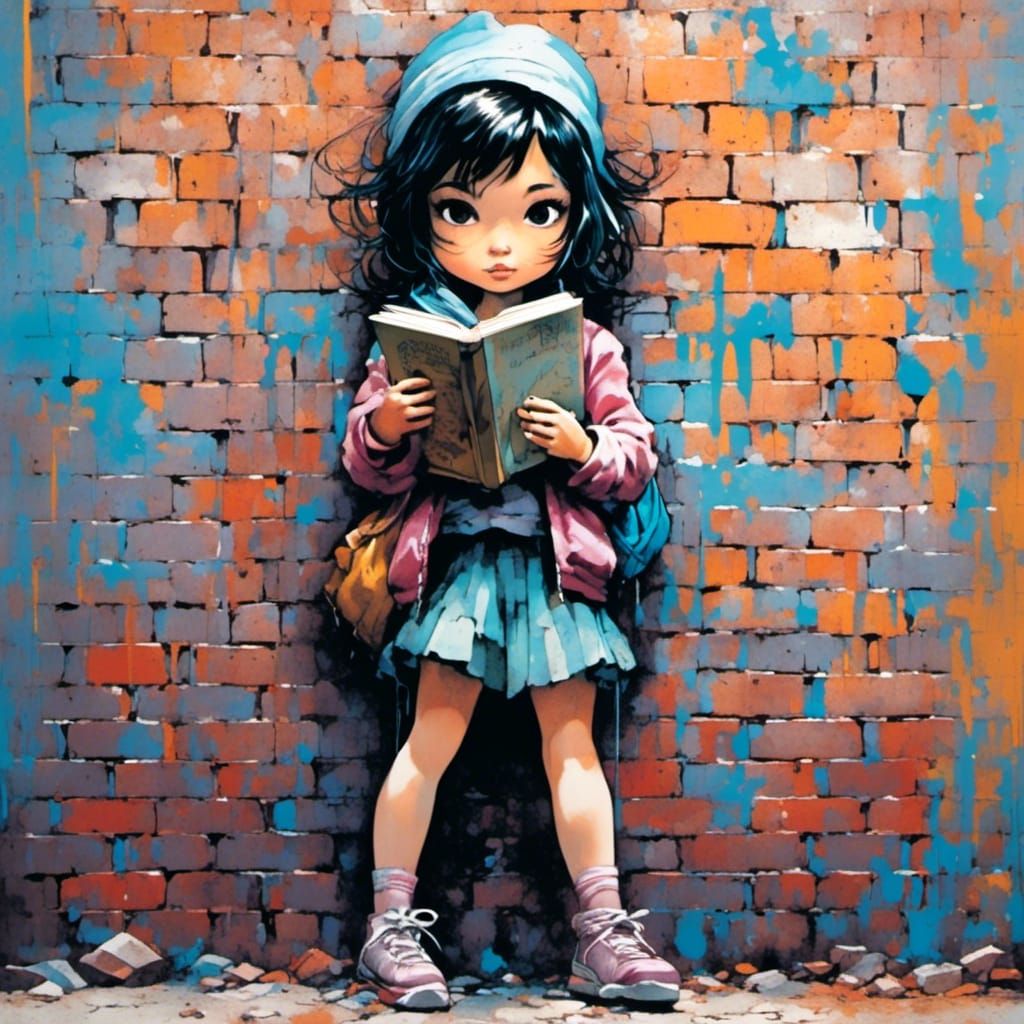 Chibi Girl Reads in Front of Graffiti Wall