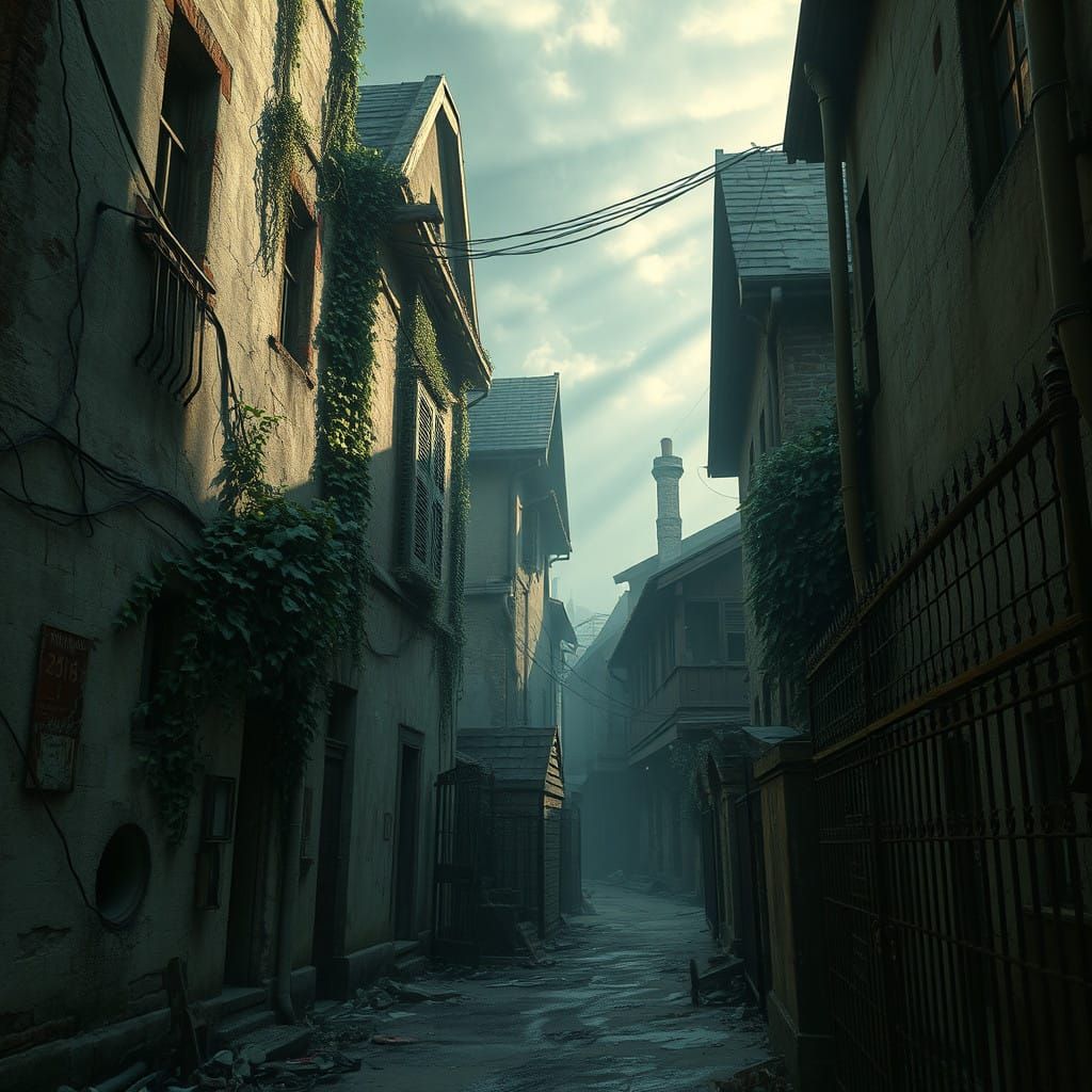 Desolate Post-Apocalyptic Alleyway in Muted Earth Tones