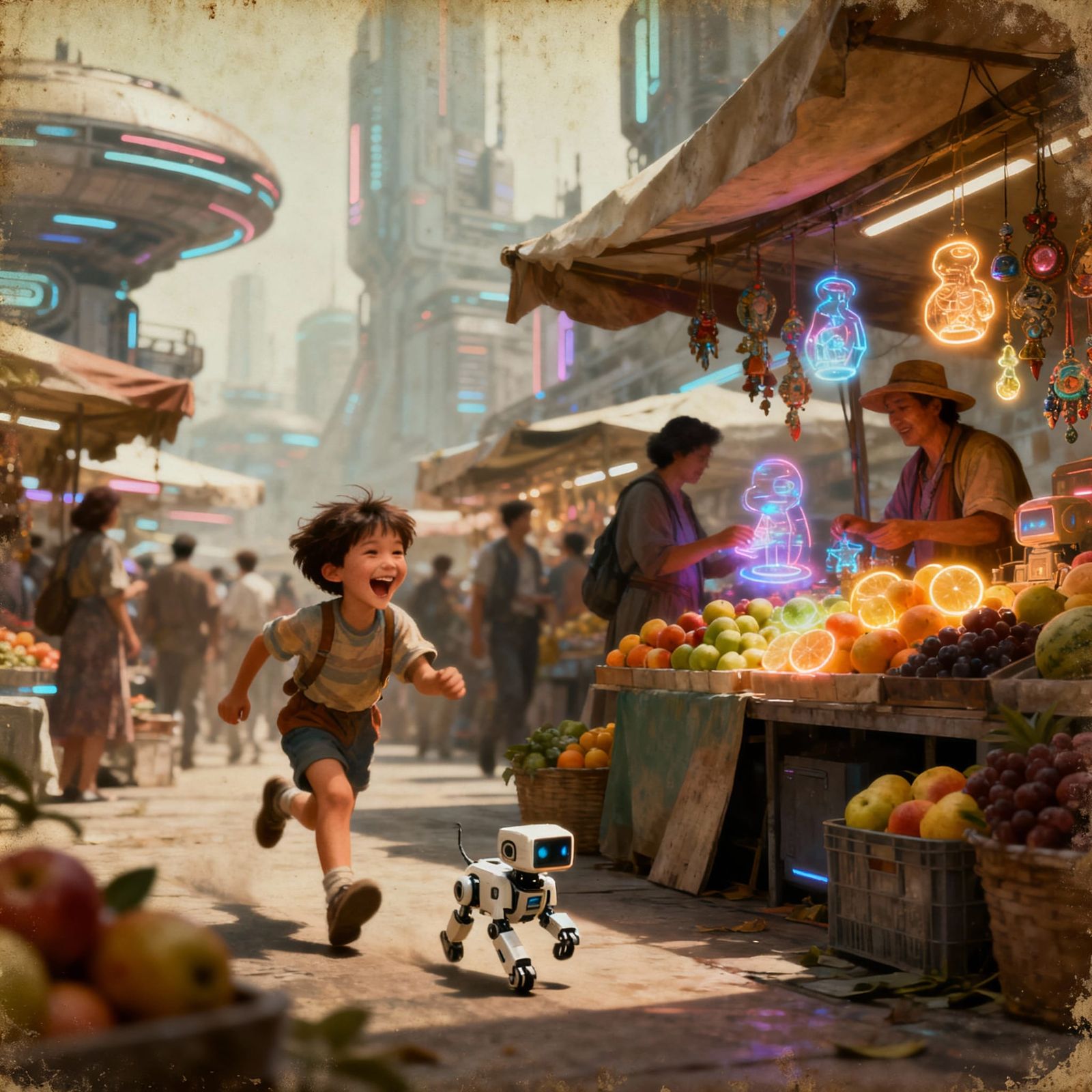 Retro-Futuristic City Marketplace in Vintage Photo Style