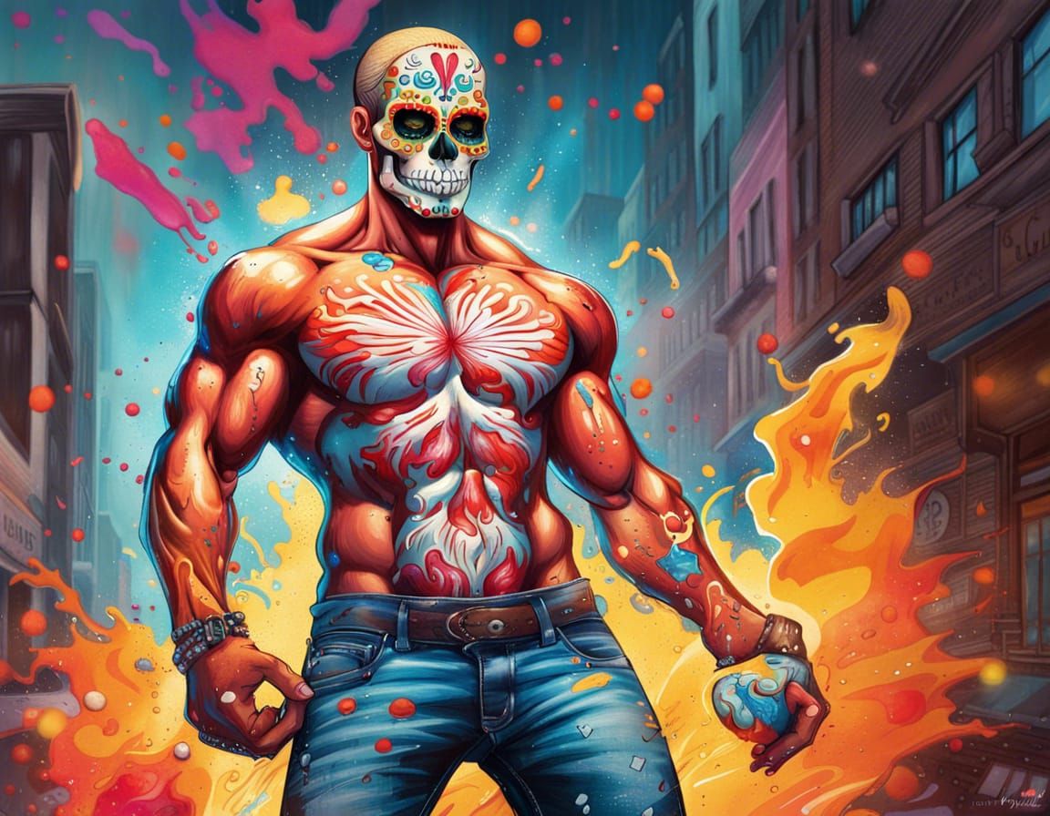 Sugar Skull Graffiti: Muscular Man with Fireball