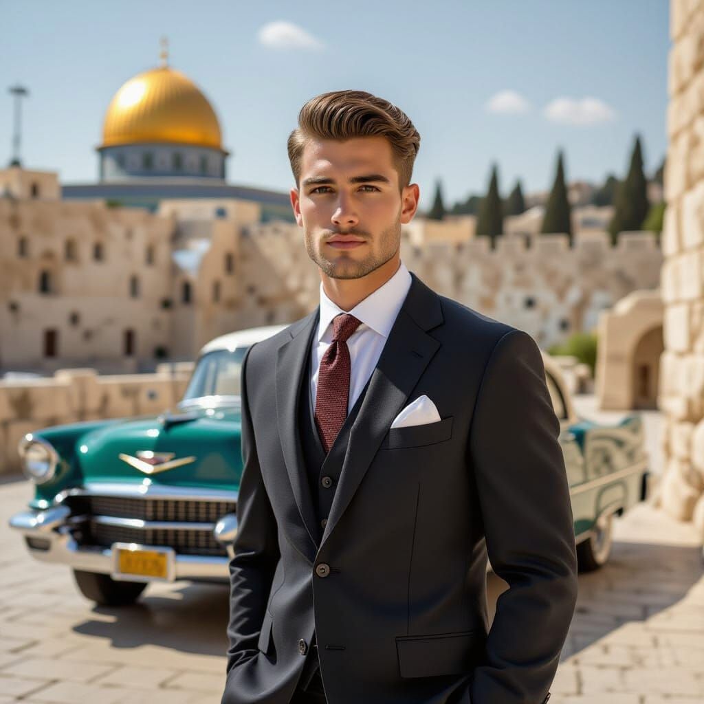 Man in Suit Before Cadillac, Nostalgic Photography Style