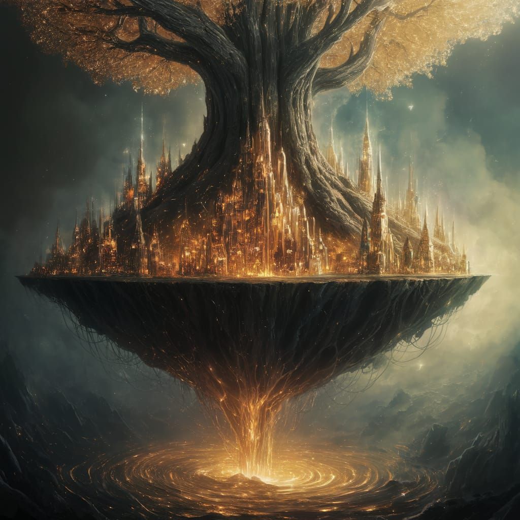 Yggdrasil: World Tree with Golden Cities, Fantasy Art