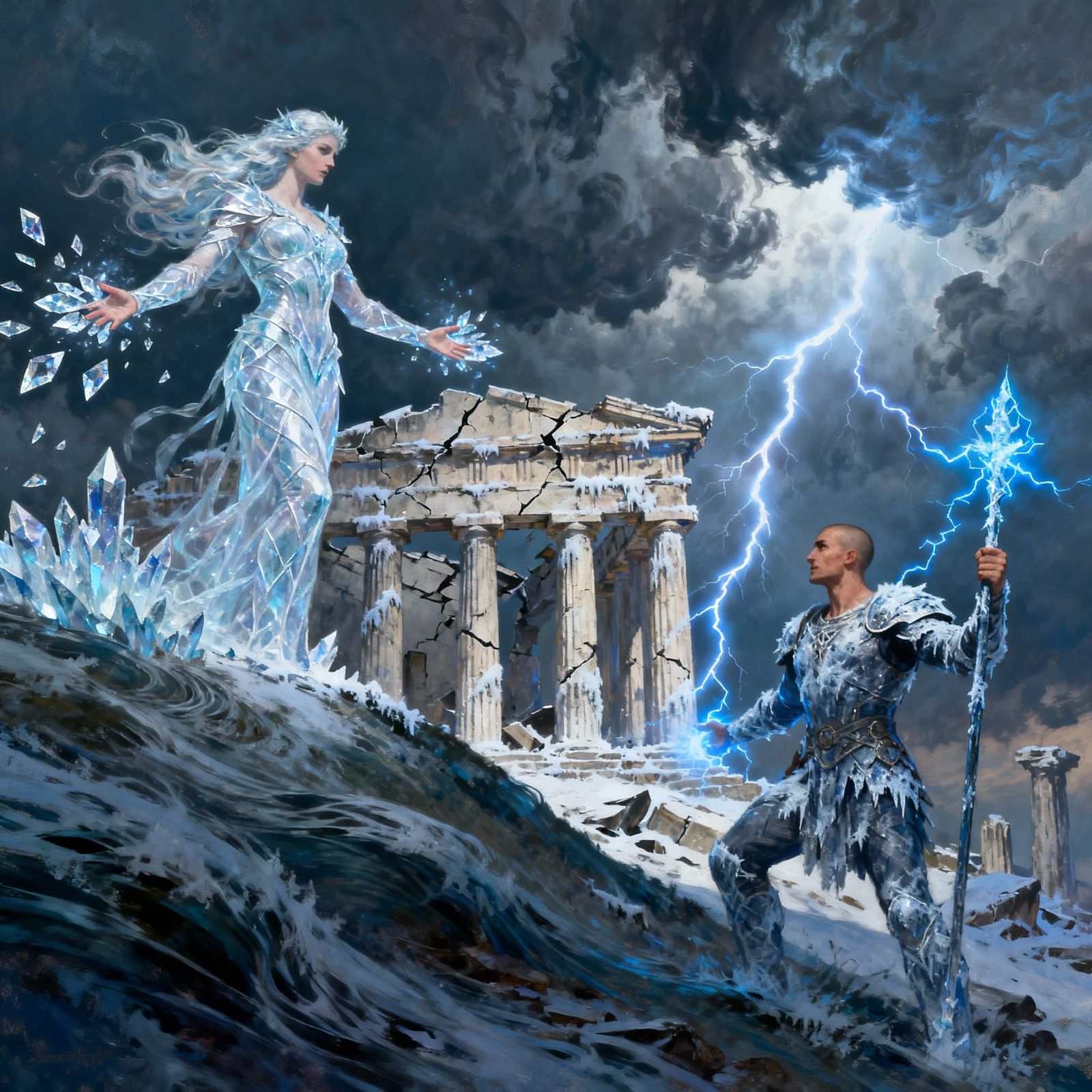 Divine Battle of Ice Gods Amidst Greek Ruins