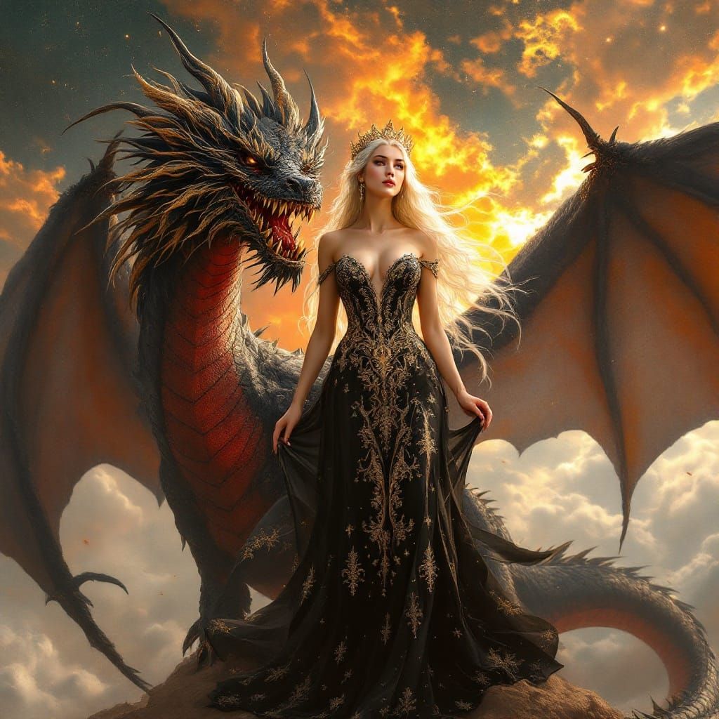 Majestic Queen Rhaenyra with Dragon in Celestial Scene
