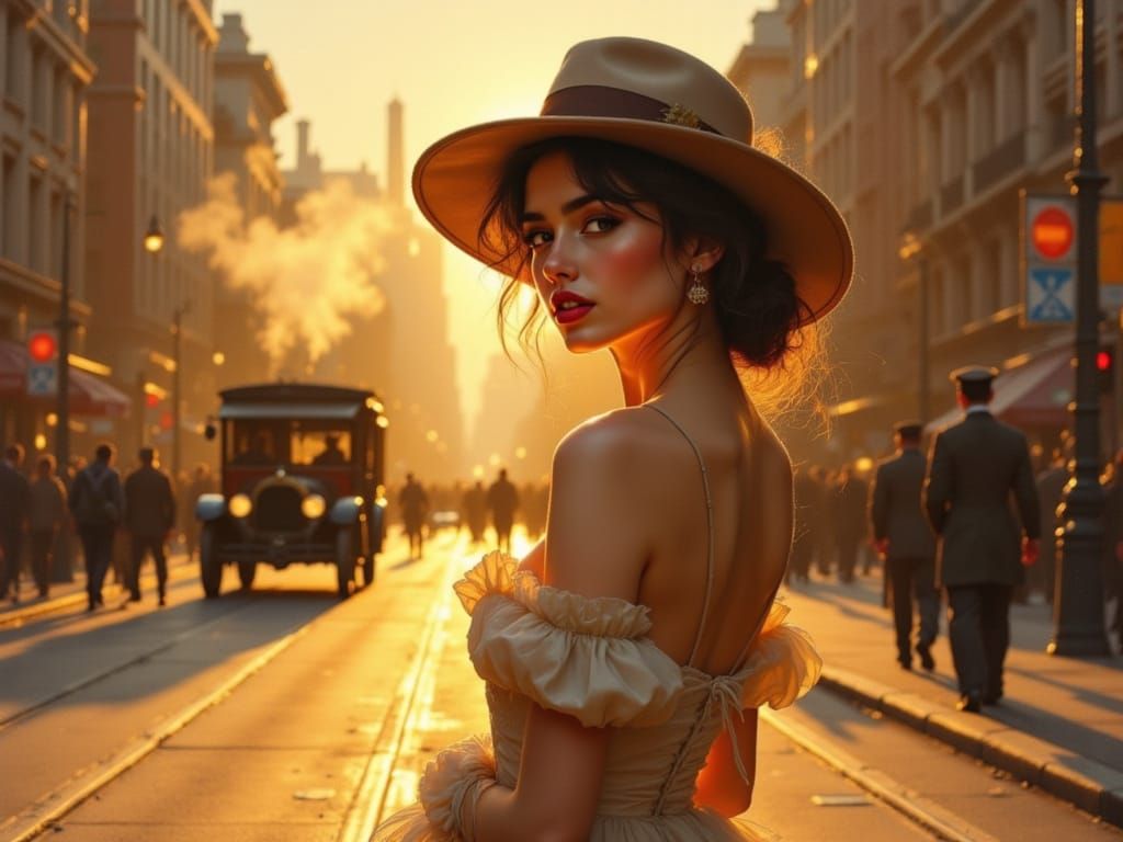 Elegant Woman in City Square, Impressionistic Golden Hour