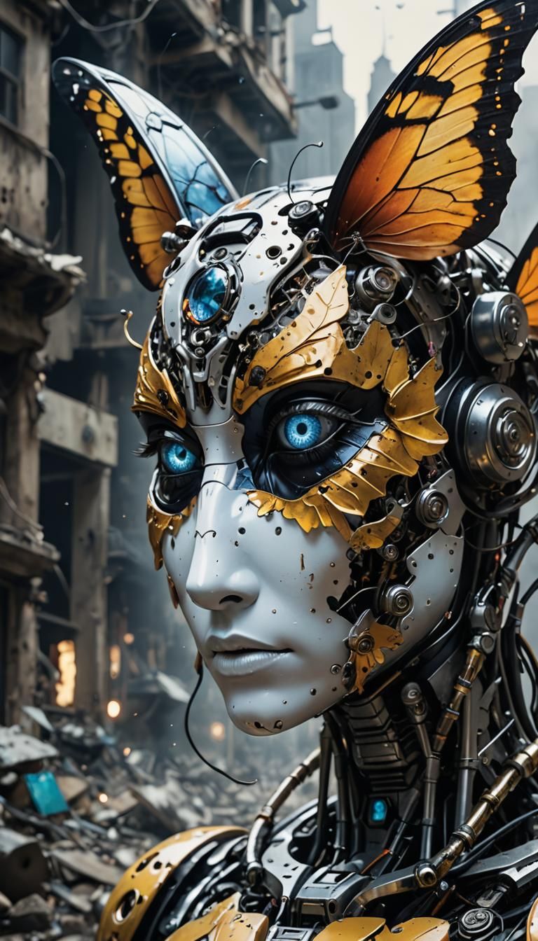 Surreal Robot Encounter with a Bright, Sparkling Butterfly