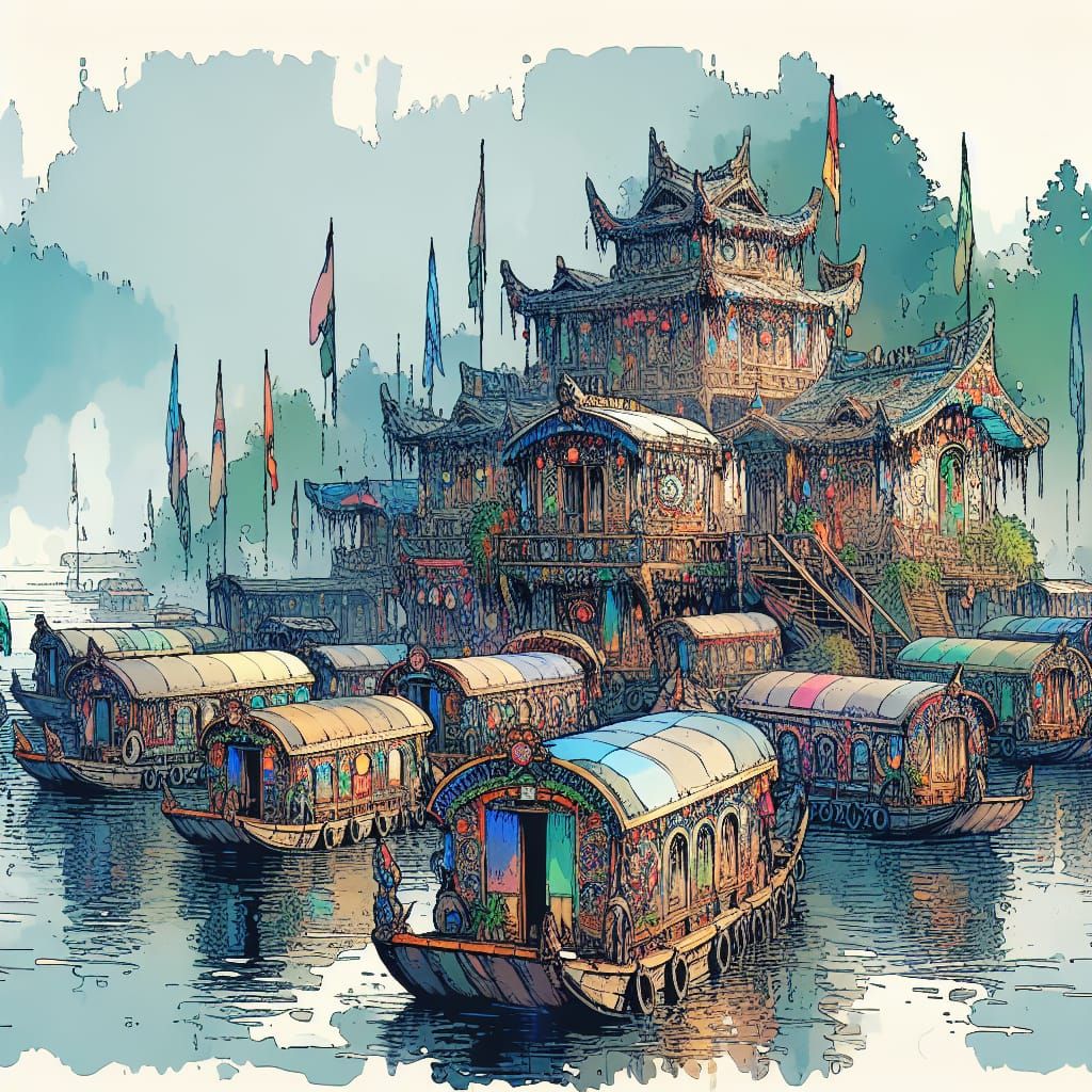 Whimsical Floating Village on Misty Lake in Watercolor Style