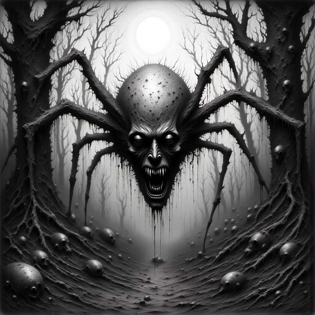 Dismembered Head with Spider Legs in Beksiński Style