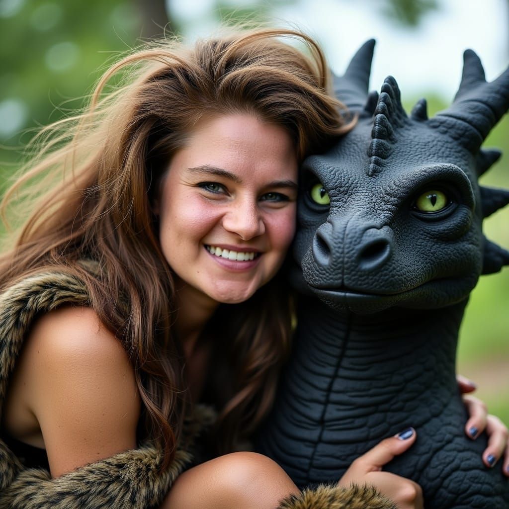 Cavewoman and Dragon Pet in Surreal Prehistoric Landscape