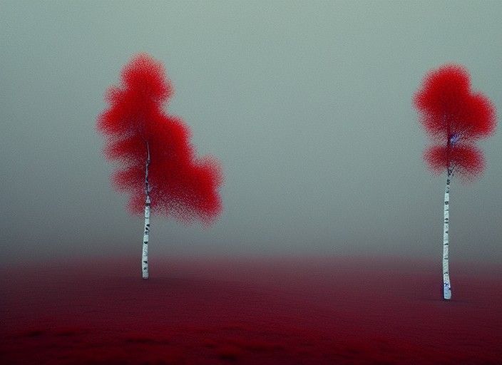 Eerie Birch Tree Landscape in Scarlet Mist