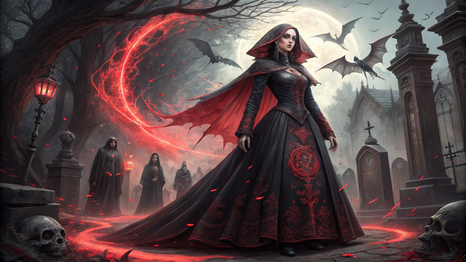 Gothic Enchantress with Red Aura and Dragons