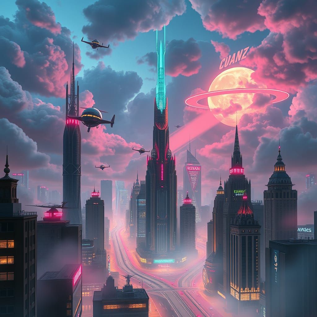 Neon Cyberpunk City Floating in Clouds