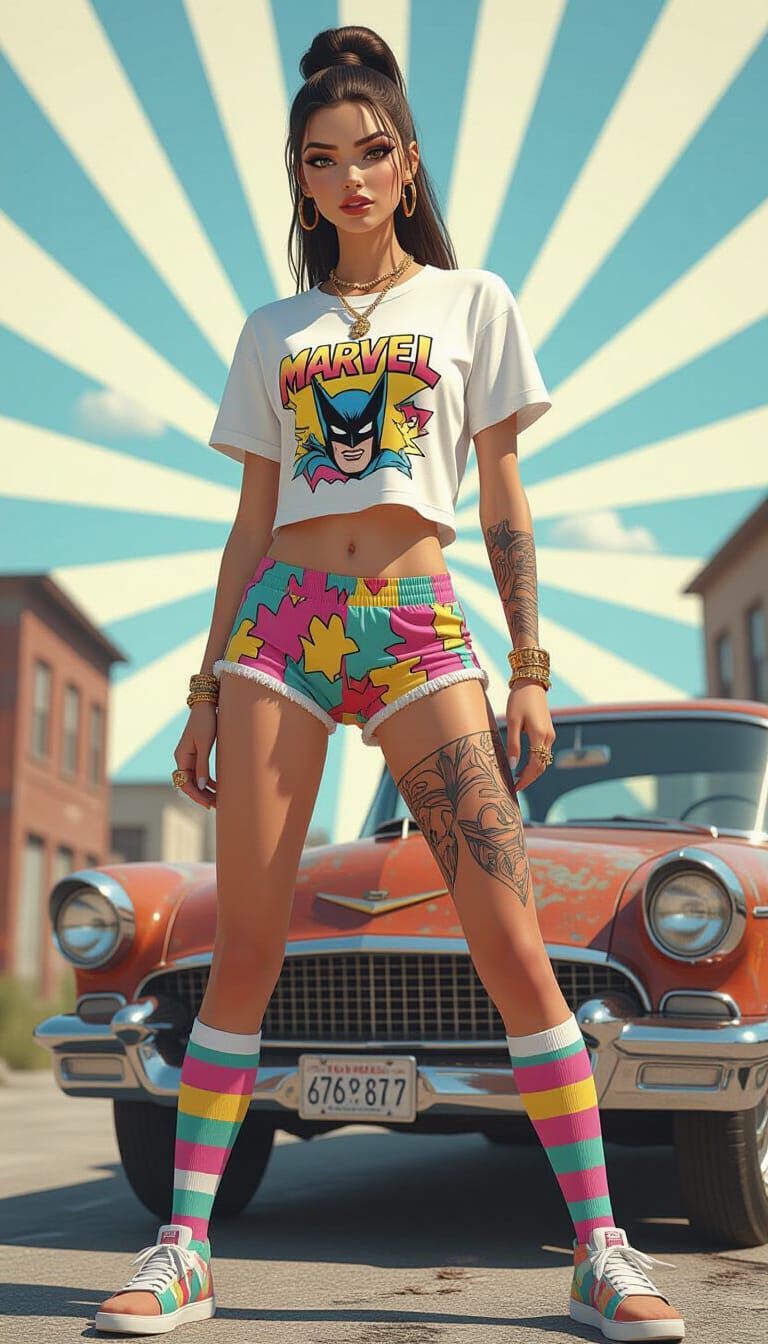 Fashion Model Posing on Car in Pixar-Style 3D Art