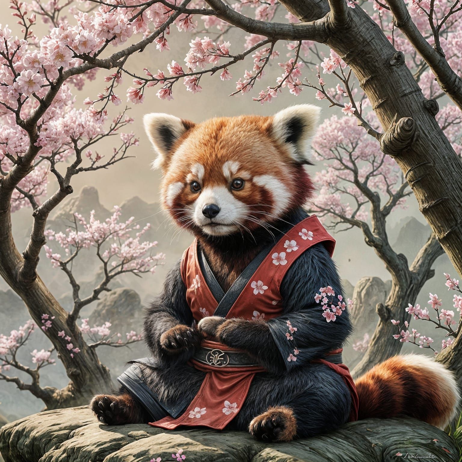 Red Panda Samurai Meditating Under Cherry Blossoms