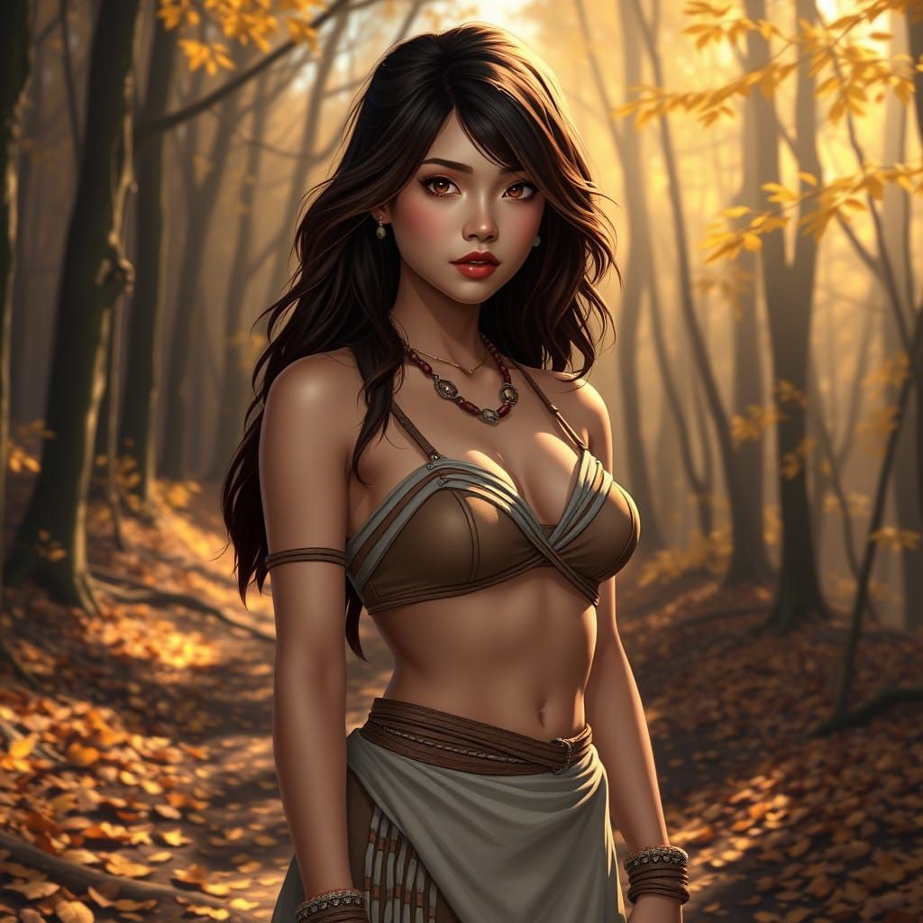 A young woman of Asian descent, positioned slightly off-center to the left of the image, stands in a sunlit forest path....