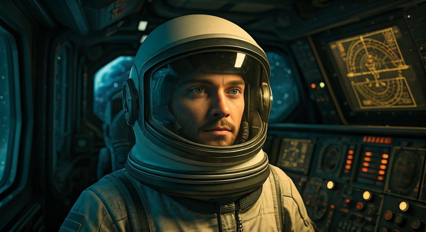 Astronaut Navigating Spaceship in Dreamlike Retro-Futurism