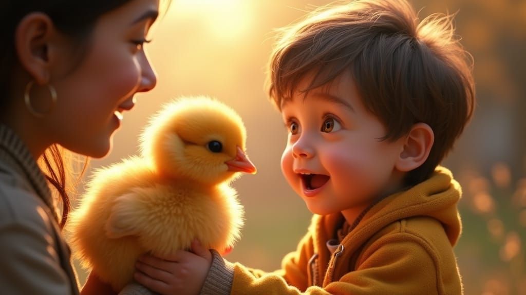 Toddler Smiling with Chick: 3D Rendered Image